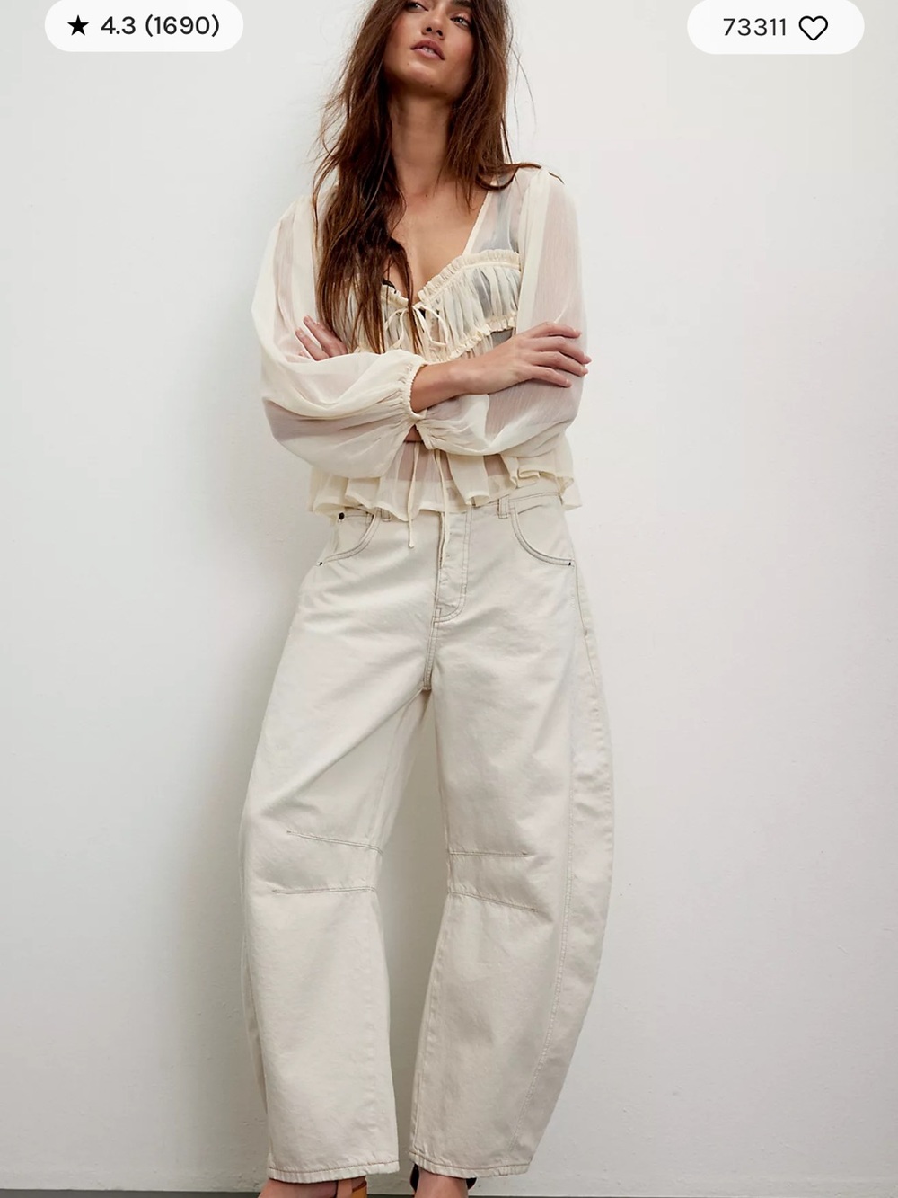 Free People Cream Wide-Leg High-Rise Jeans